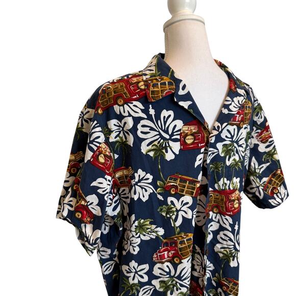 Vintage RJC Hawaiian Shirt Men's XL Navy Multi Floral Bus Vehicles Made in USA - Picture 5 of 10